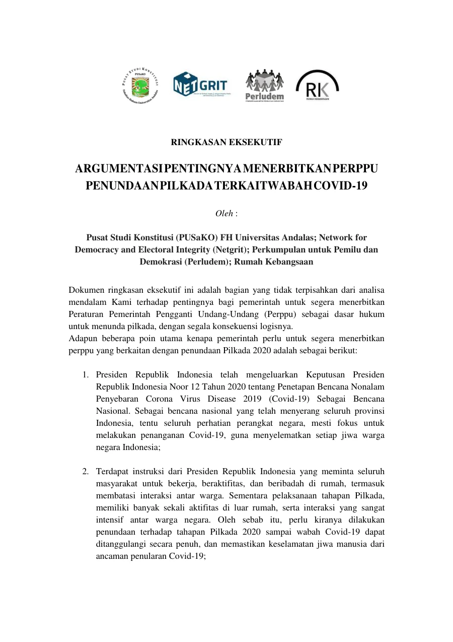 Sampul Argumentasi Pentingnya Menerbitkan Perpu Penundaan Pilkada Terkait Wabah Covid-19
