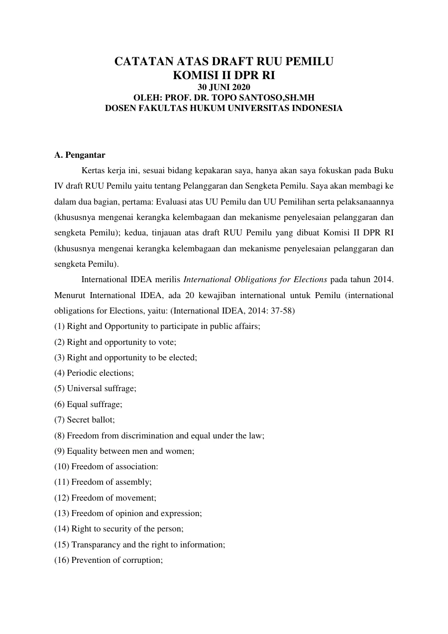 Sampul Catatan atas Draft RUU Pemilu Komisi II DPR RI