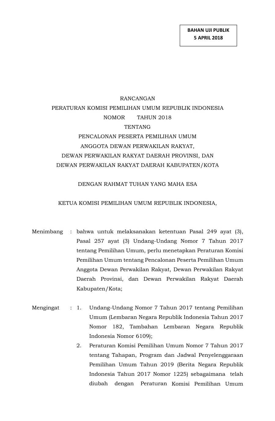 Sampul Draf PKPU Tentang Pencalonan DPR dan DPRD