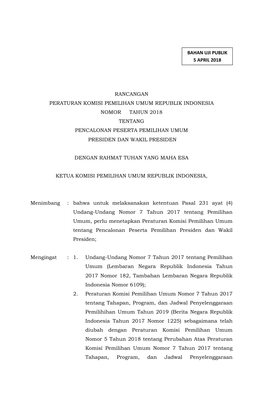 Sampul Draf PKPU Tentang Pencalonan Peserta Pemilihan Umum Presiden dan Wakil Presiden