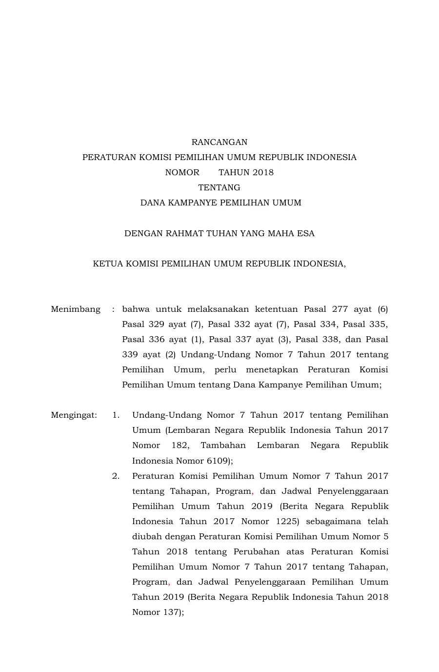 Sampul Draft PKPU tentang Dana Kampanye