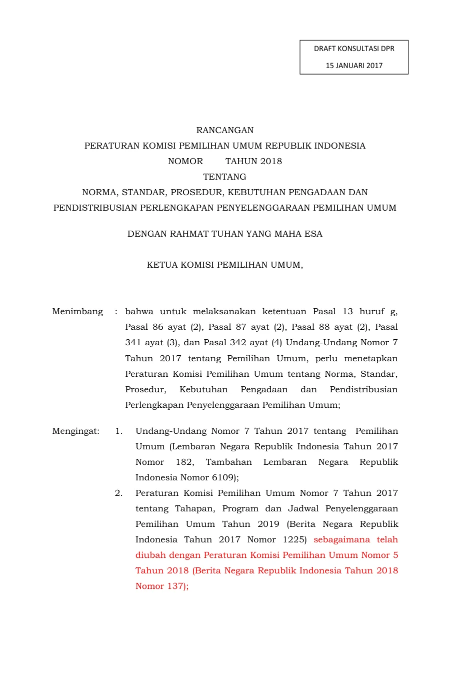 Sampul Draft PKPU tentang Norma, Standar, Prosedur, Kebutuhan Pengadaan dan Pendistribusian Perlengkapan Penyelenggaraan Pemilihan Umum