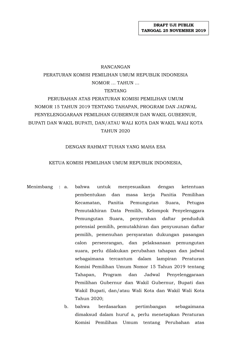 Sampul Draft Uji Publik PKPU Tanggal 25 November 2019 tentang Perubahan Atas PKPU No.2 Tahun 2017