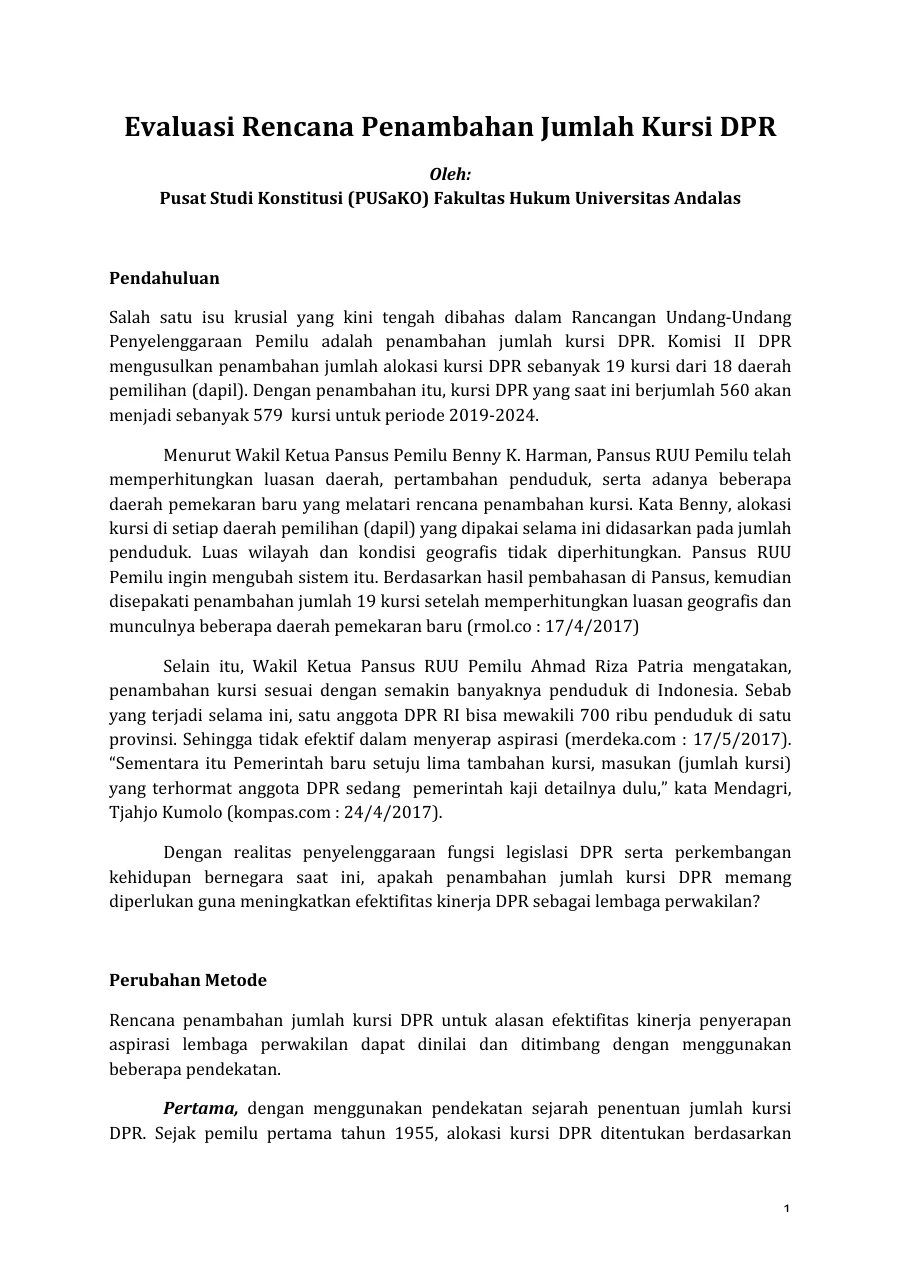 Sampul Evaluasi Rencana Penambahan Jumlah Kursi DPR Oleh Pusat Studi Konstitusi (PUSaKO) Fakultas Hukum Universitas Andalas