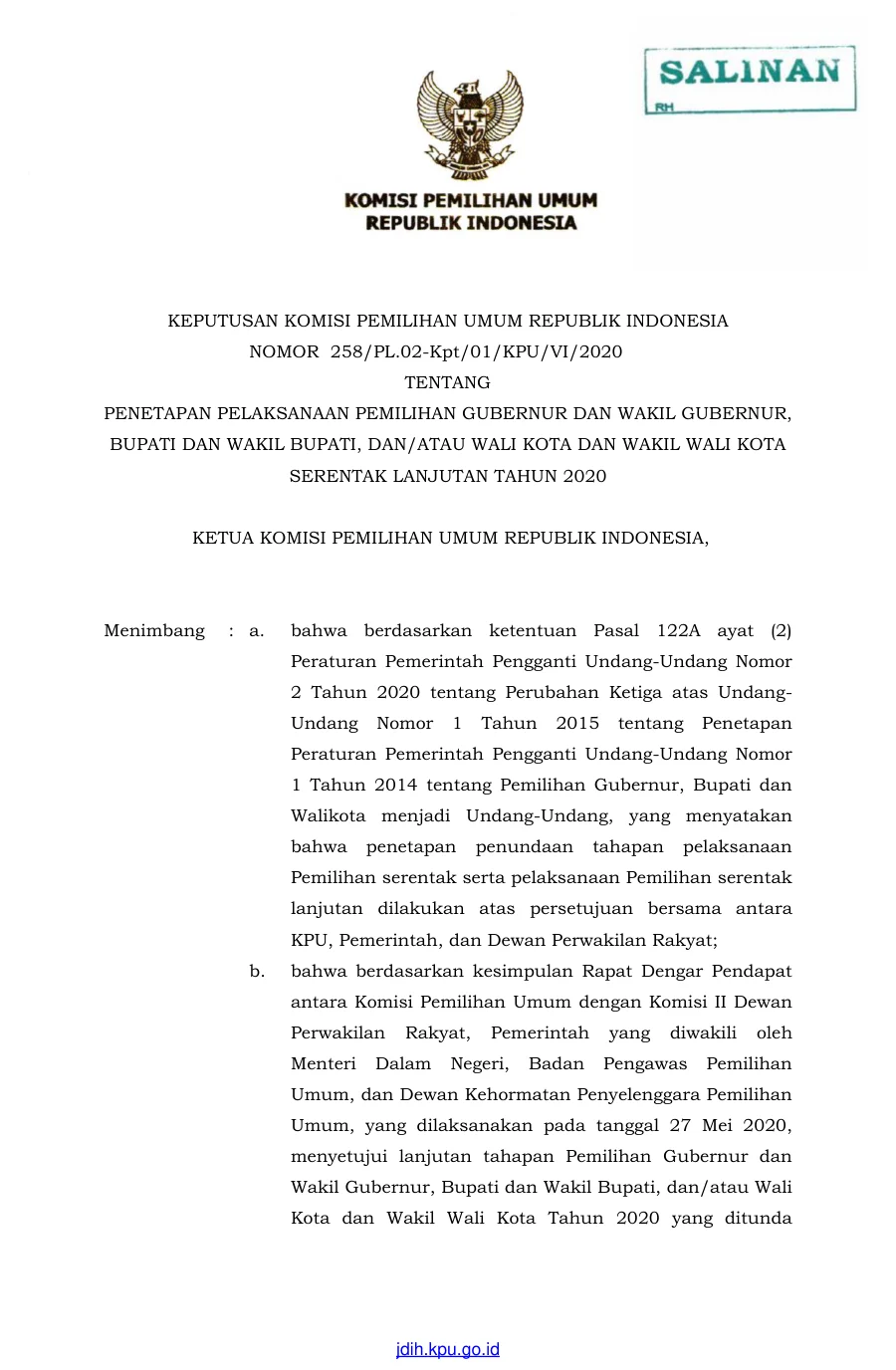 Sampul Keputusan Komisi Pemilihan Umum Nomor 258 Tahun 2020 Tentang Penetapan Pelaksanaan Pilkada Serentak Lanjutan Tahun 2020