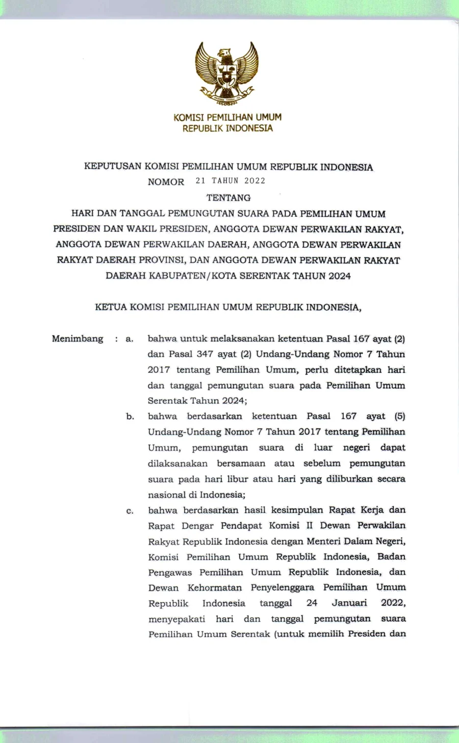 Sampul Keputusan KPU Nomor 21 Tahun 2022 tentang Pemungutan Suara Pemilihan Umum Serentak Tahun 2024