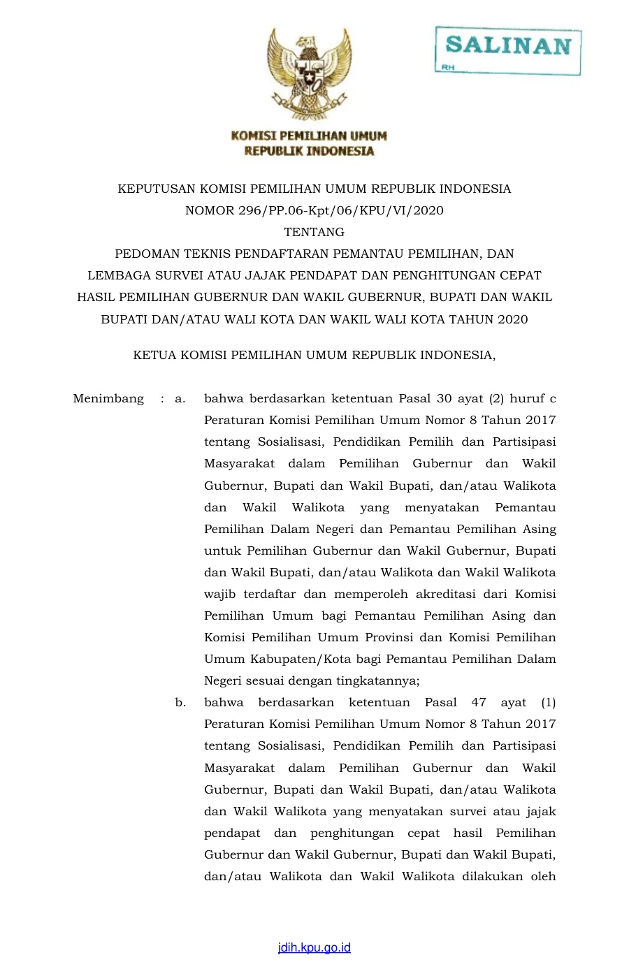 Sampul Keputusan KPU Nomor 296 Tahun 2020 Tentang Pedoman Teknis Pendaftaran Pemantau Pemilihan, Dan Lembaga Survei Atau Jajak Pendapat Dan Penghitungan Cepat Hasil Pilkada Tahun 2020