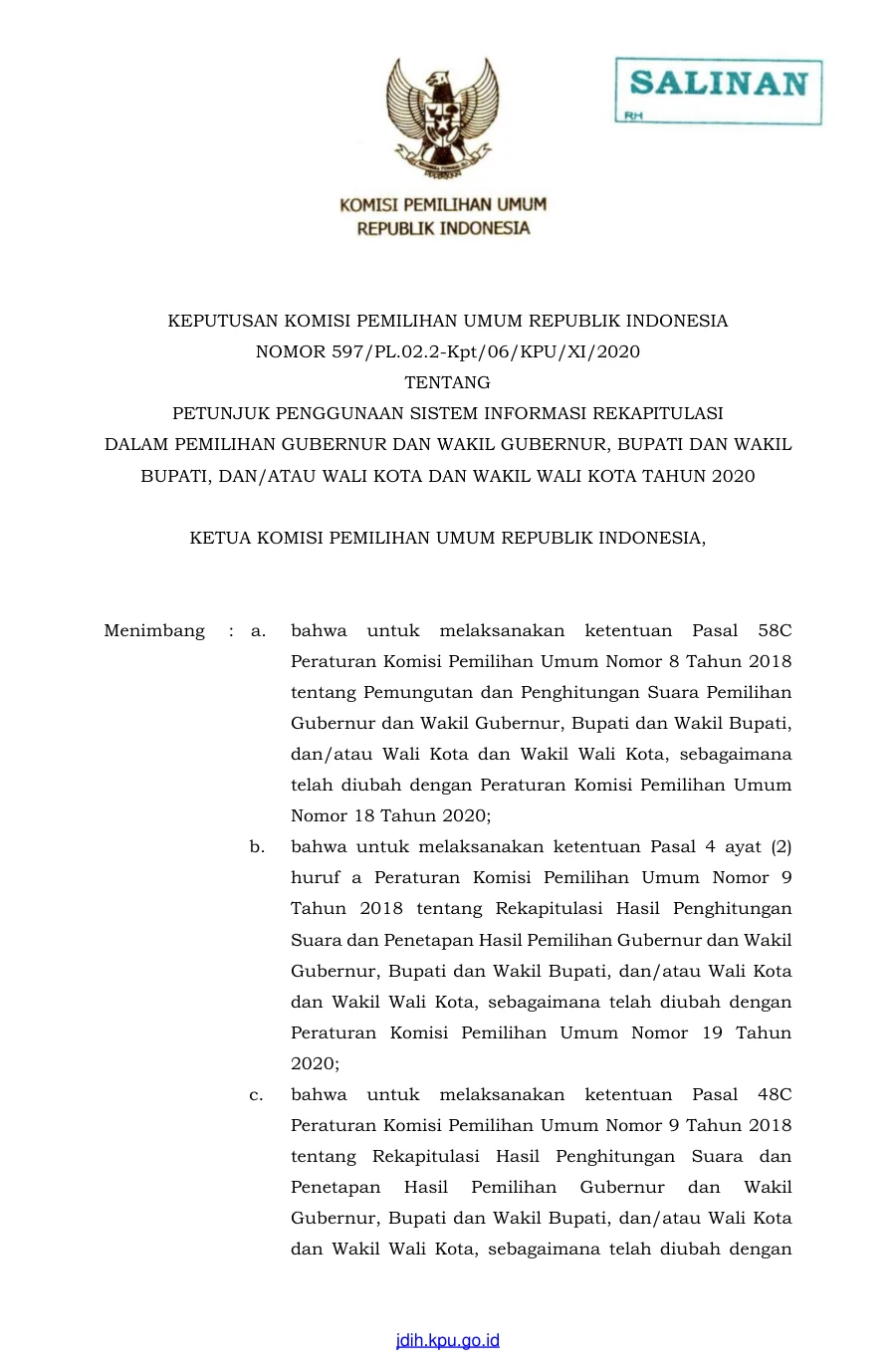 Sampul Keputusan KPU RI No. 597/2020 Tentang Sirekap Pilkada 2020