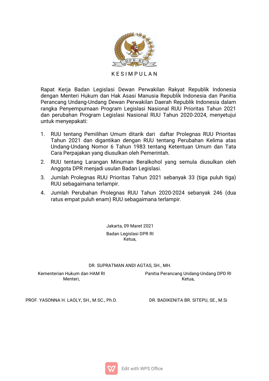 Sampul Kesimpulan Rapat Kerja Baleg DPR RI, KEMENKUMHAM RI dan Panitia Perancang UU DPD RI Tentang Prolegnas 2021