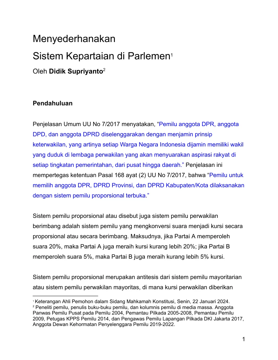 Sampul Keterangan Ahli Sidang Judicial Review tentang Parliamentary Threshold yang Diajukan oleh Perludem