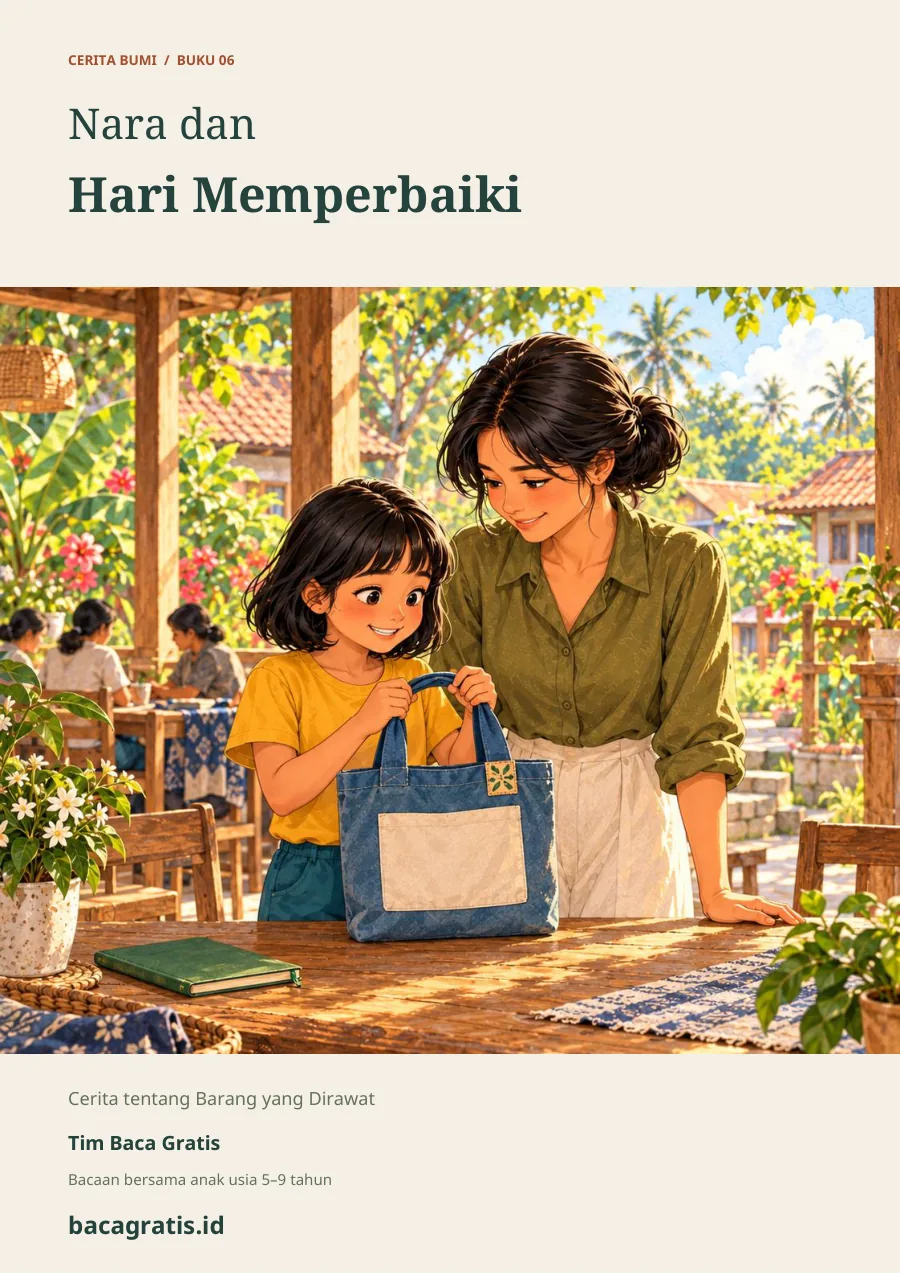 Sampul Nara dan Hari Memperbaiki: Nara bersama Ibu memegang tas kain biru dengan kantong krem dan tambalan bercorak daun di balai.