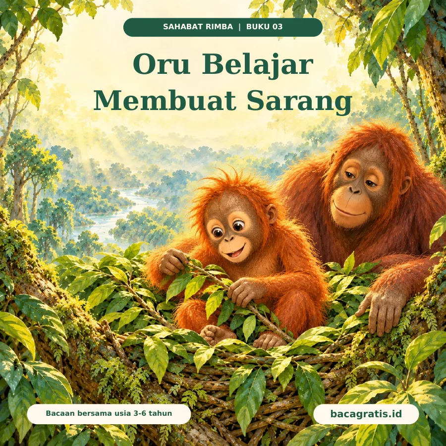Sampul Oru Belajar Membuat Sarang: Oru dan Ibu menyusun ranting berdaun pada sarang di cabang pohon.