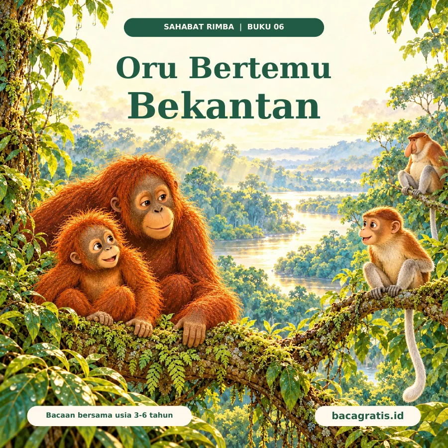 Sampul Oru Bertemu Bekantan: Oru dan Ibu di dahan mengamati bekantan kecil berekor panjang, dengan bekantan jantan dewasa dan sungai di belakangnya.