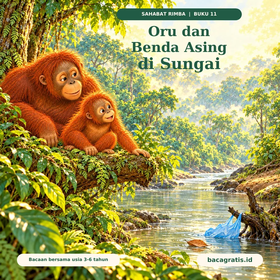 Sampul Oru dan Benda Asing di Sungai: Oru dan Ibu duduk di dahan rendah di tepi hutan, melihat kantong plastik biru yang tersangkut pada akar di seberang sungai.