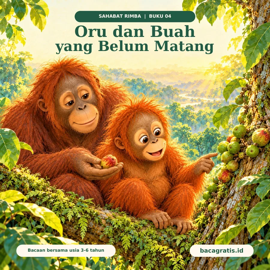 Sampul Oru dan Buah yang Belum Matang: Oru menunjuk buah ara hijau di pohon, sementara Ibu menunjukkan buah yang kemerahan.