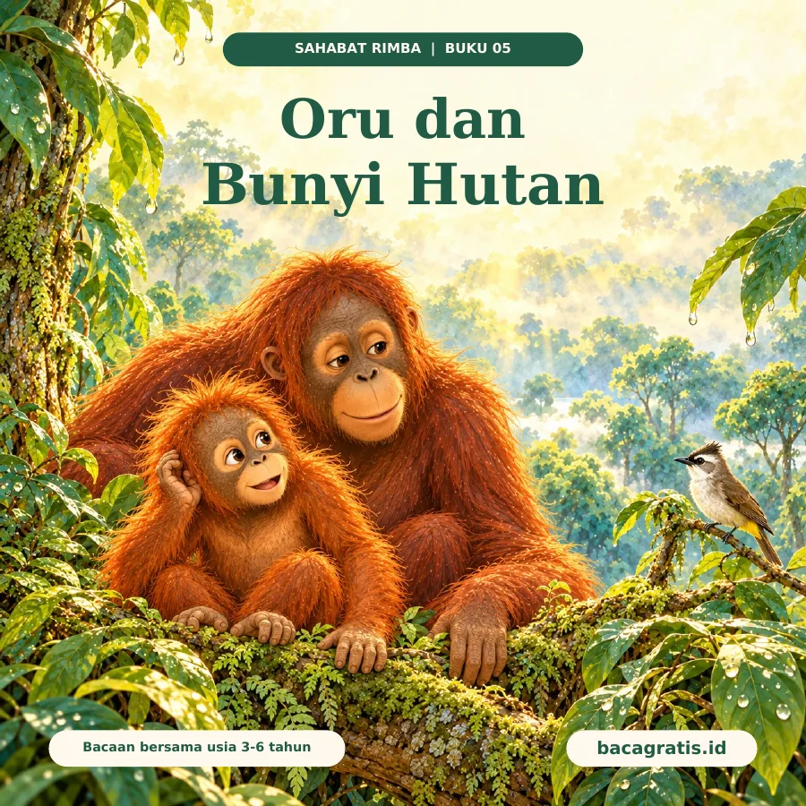 Sampul Oru dan Bunyi Hutan: Oru dan Ibu menyimak di hutan selepas hujan, ditemani burung kecil di dahan dan tetesan pada daun.