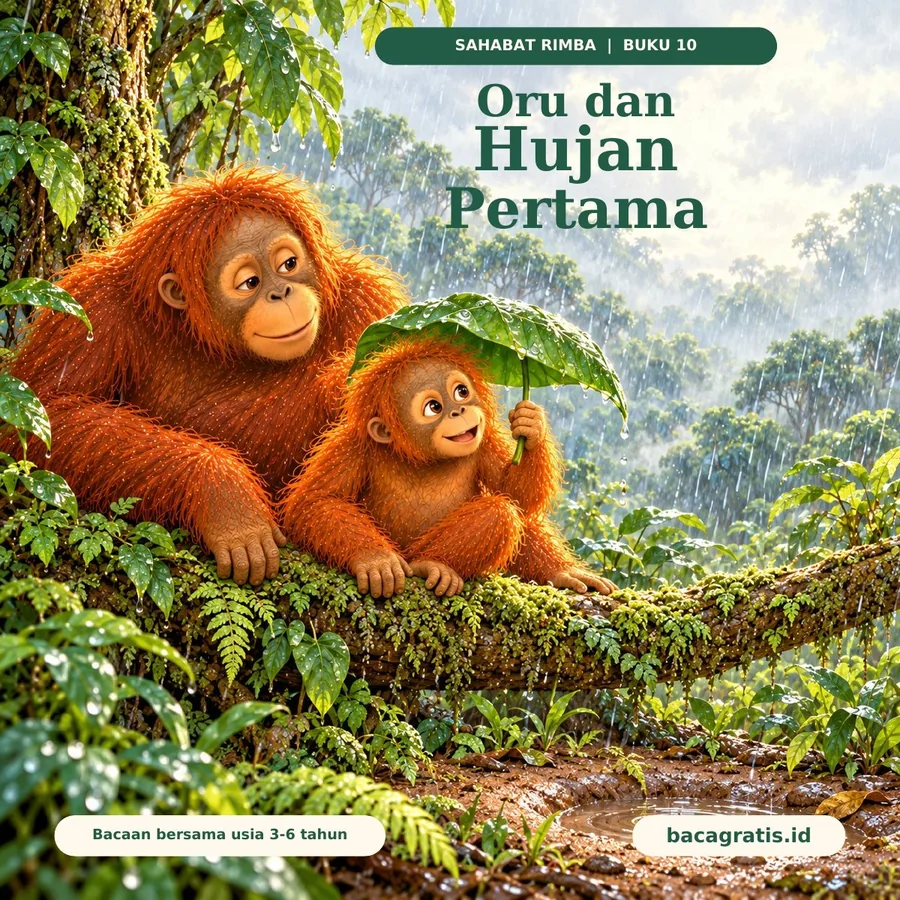 Sampul Oru dan Hujan Pertama: Oru berteduh dengan daun hijau di samping Ibu pada dahan rendah, dengan rintik hujan dan genangan kecil di hutan.