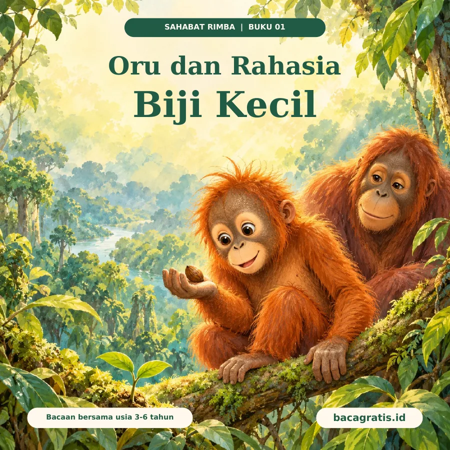 Sampul Oru dan Rahasia Biji Kecil: Oru dan Ibu di hutan hijau, dengan biji kecil yang menarik perhatian Oru.