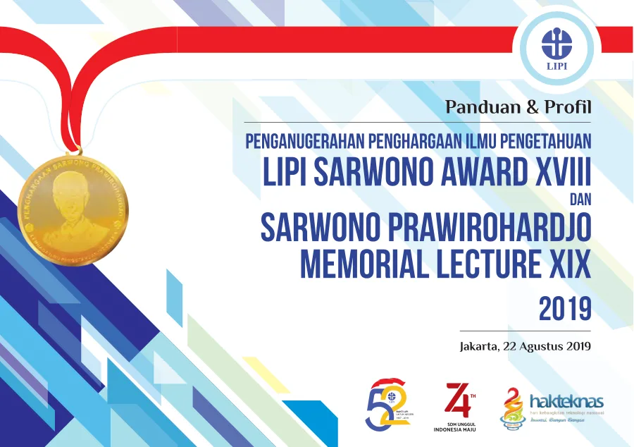 Sampul buku Panduan dan Naskah Orasi Ilmiah Penganugerahan Penghargaan Ilmu Pengetahuan LIPI Sarwono Award XVIII dan LIPI Sarwono Prawirohardjo Memorial Lecture XIX Tahun 2019