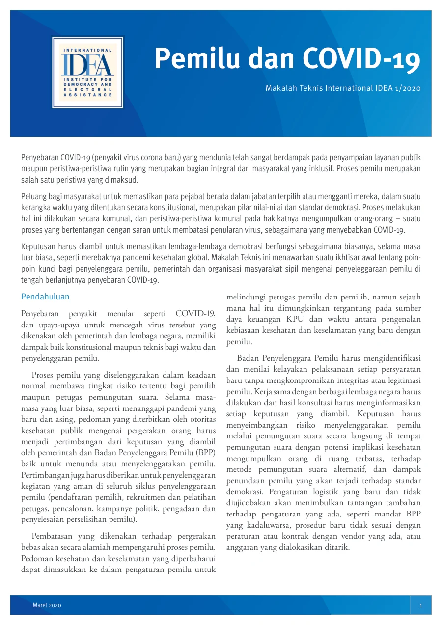 Sampul Pemilu dan COVID-19 (International IDEA)