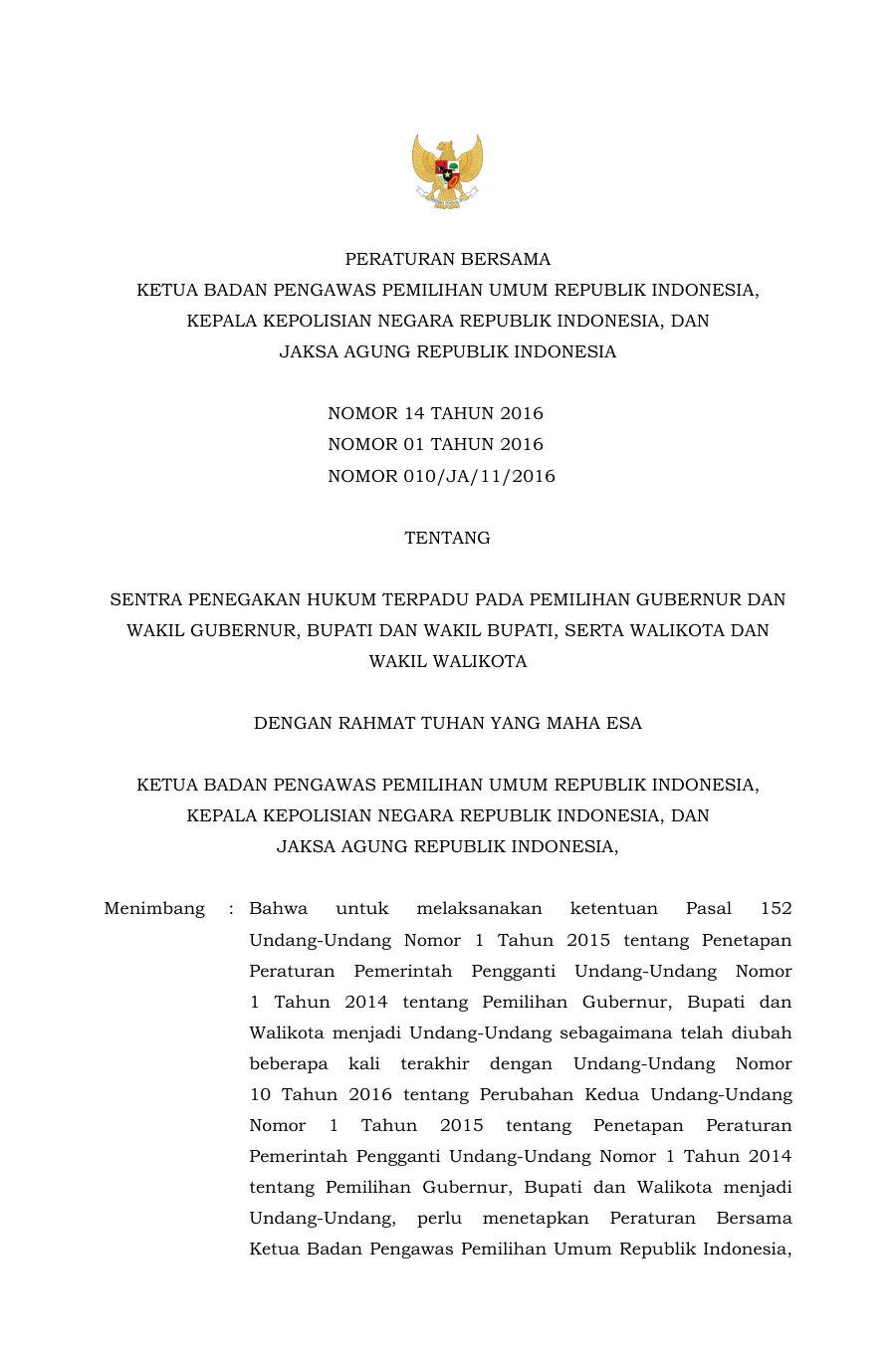 Sampul Peraturan Bersama Ketua Badan Pengawas Pemilihan Umum Republik Indonesia