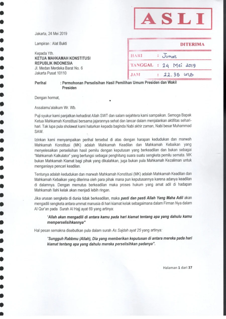 Sampul Permohonan Perselisihan Hasil Pilpres 2019 Prabowo-Sandi