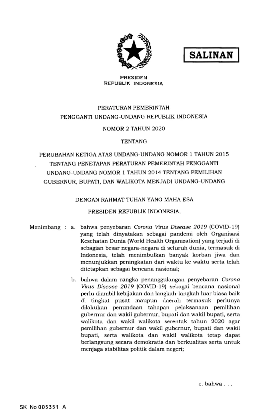 Sampul Perpu Nomor 2 Tahun 2020 tentang Pilkada Serentak 2020