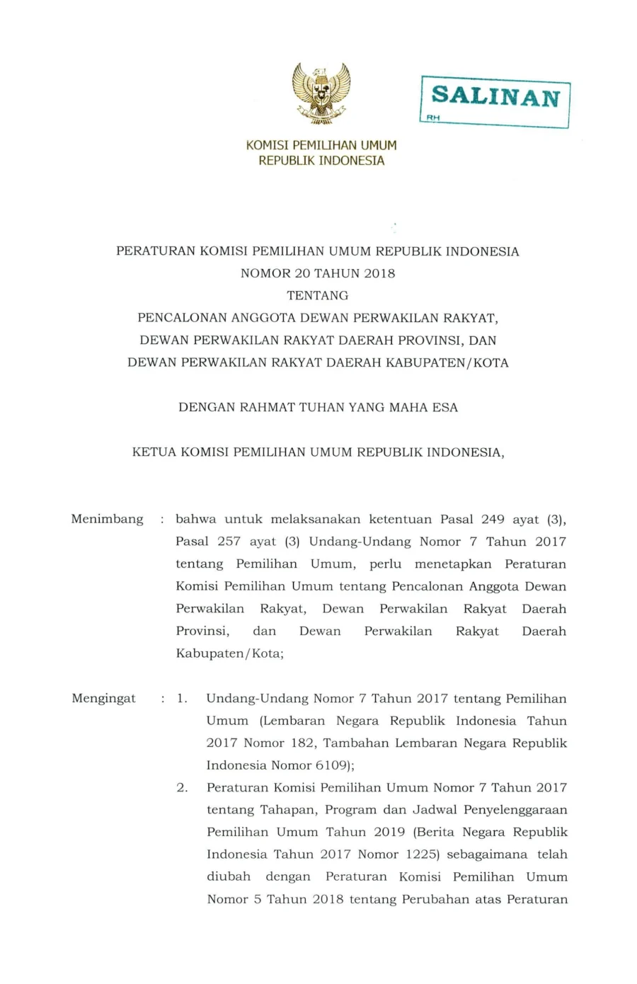 Sampul PKPU No. 20 Tahun 2018 tentang Pencalonan Anggota DPR, DPRD Provinsi, dan DPRD Kabupaten/Kota