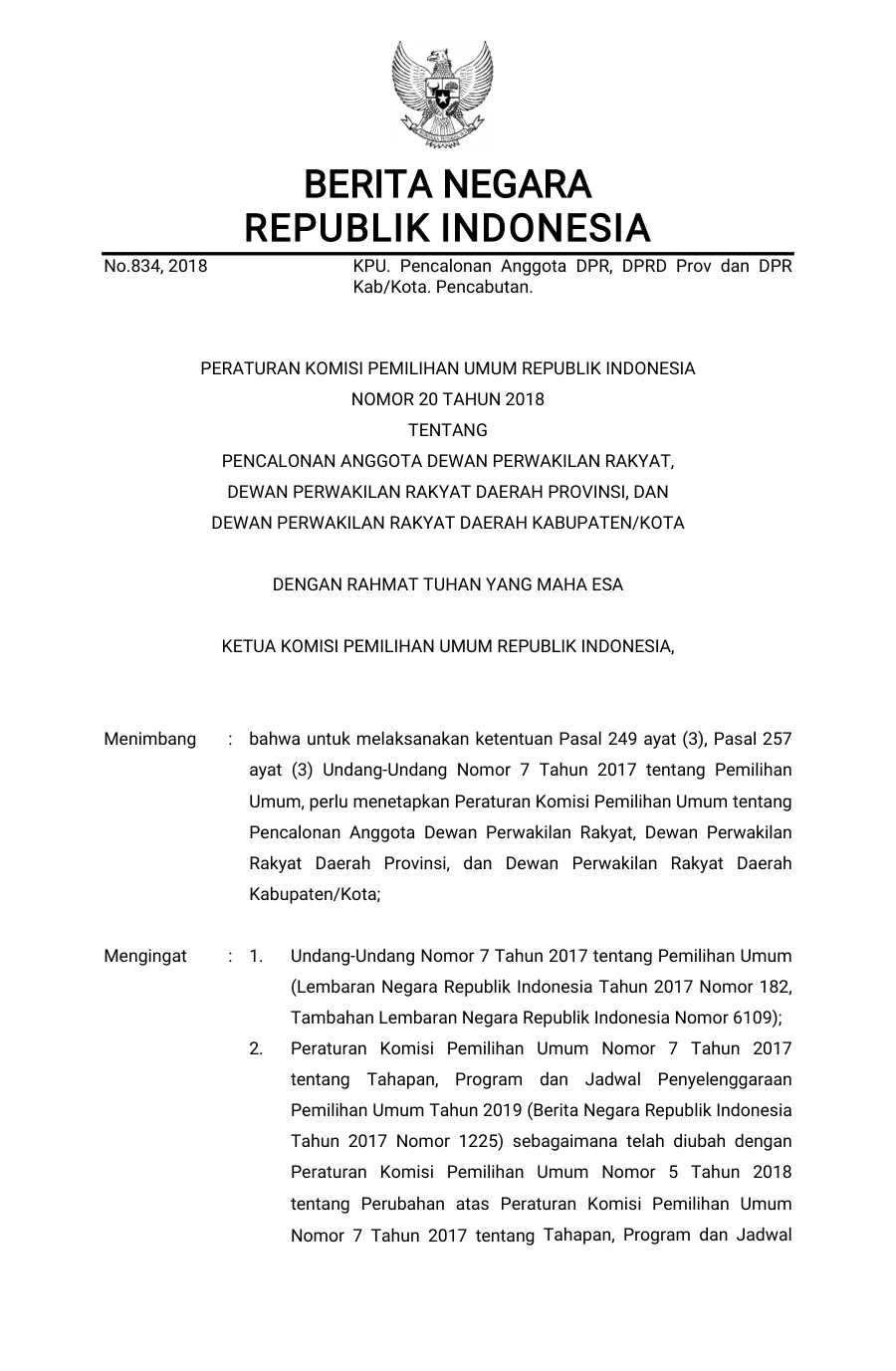 Sampul PKPU No. 20 Tahun 2018 tentang Pencalonan Anggota DPR, DPRD Provinsi, dan DPRD Kabupaten/Kota Pasca-Pengundangan Tertanggal 3 Juli 2018.