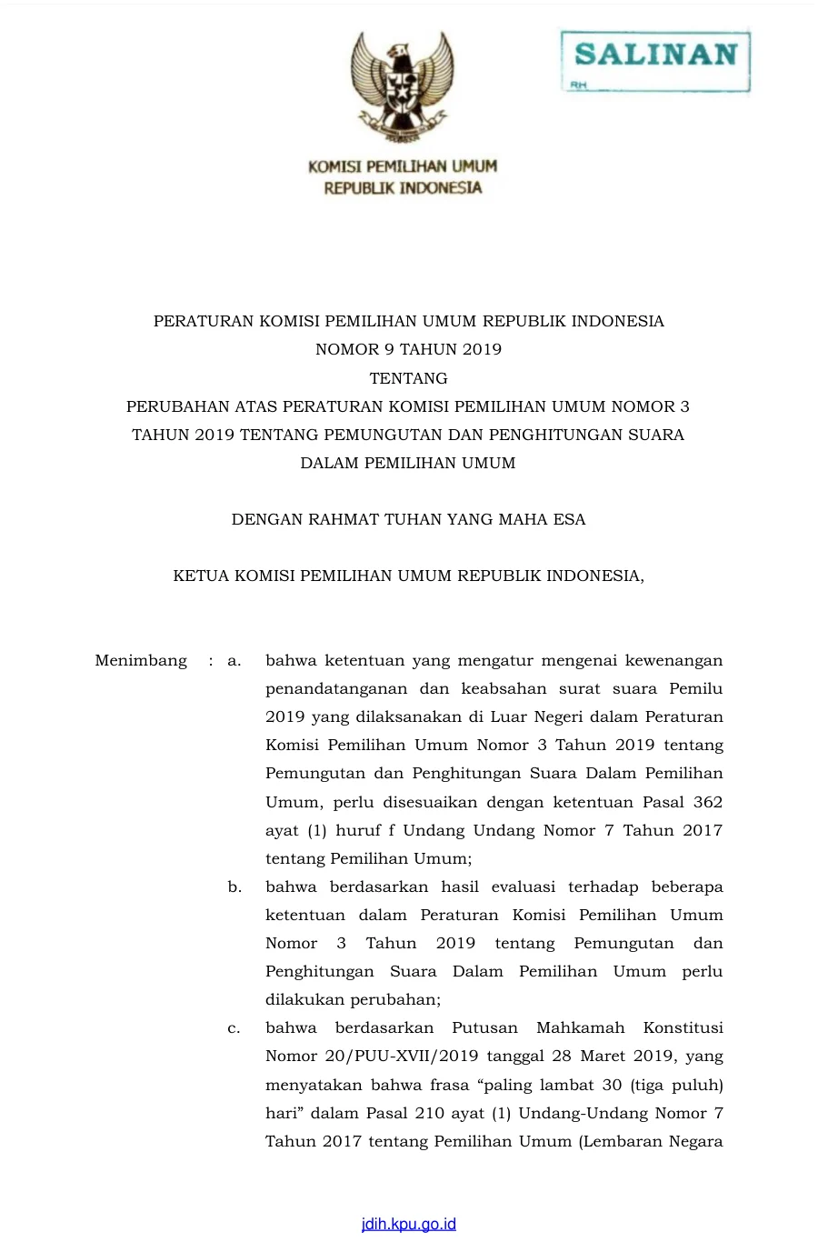 Sampul PKPU No. 9 Tahun 2019 tentang Perubahan Atas PKPU Nomor 3 Tahun 2019 tentang Pemungutan dan Penghitungan Suara Dalam Pemilihan Umum