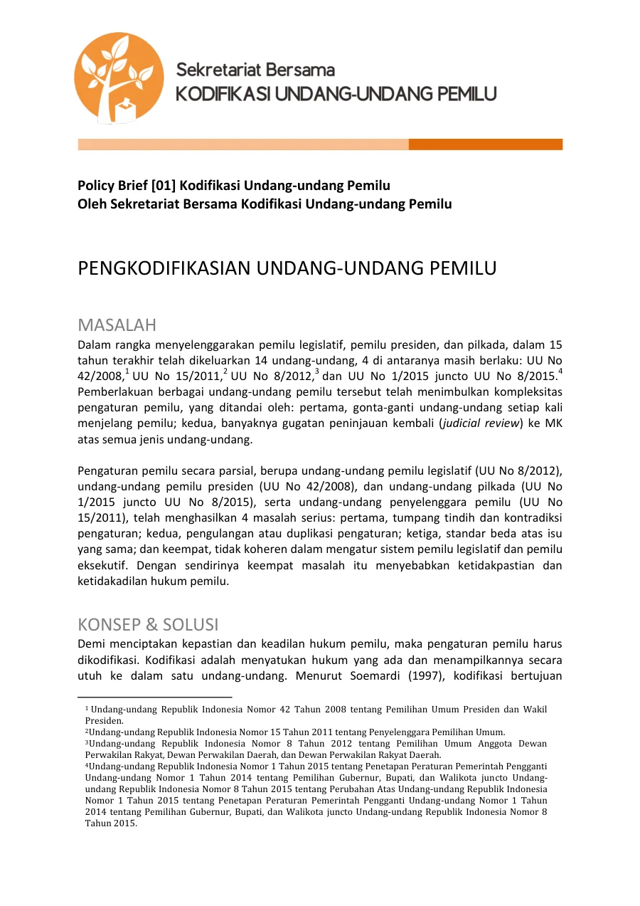 Sampul Policy Brief Kodifikasi Undang-undang Pemilu Oleh Sekretariat Bersama Kodifikasi Undang-undang Pemilu