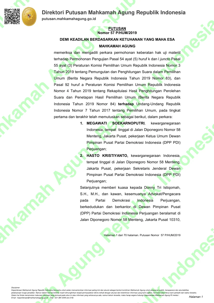 Sampul Putusan Mahkamah Agung Nomor 57 P/HUM/2019