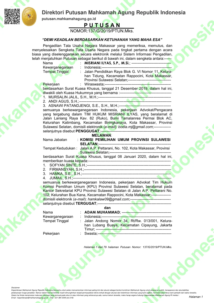 Sampul Putusan Nomor 137/G/2019 PTUN Makasar