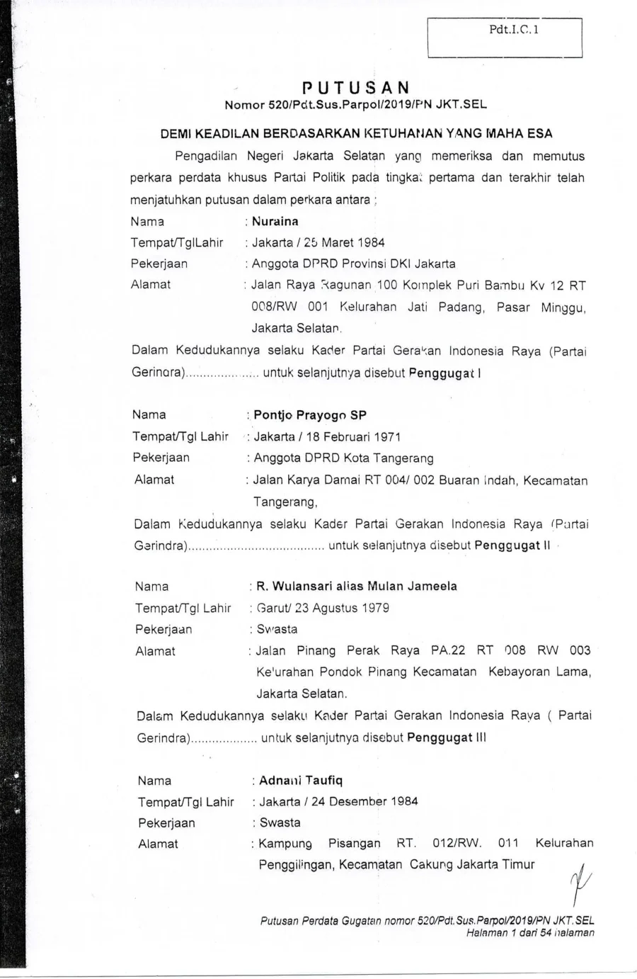Sampul Putusan Nomor 520/Pdt.Sus.Parpol/2019/PN JKT.SEL