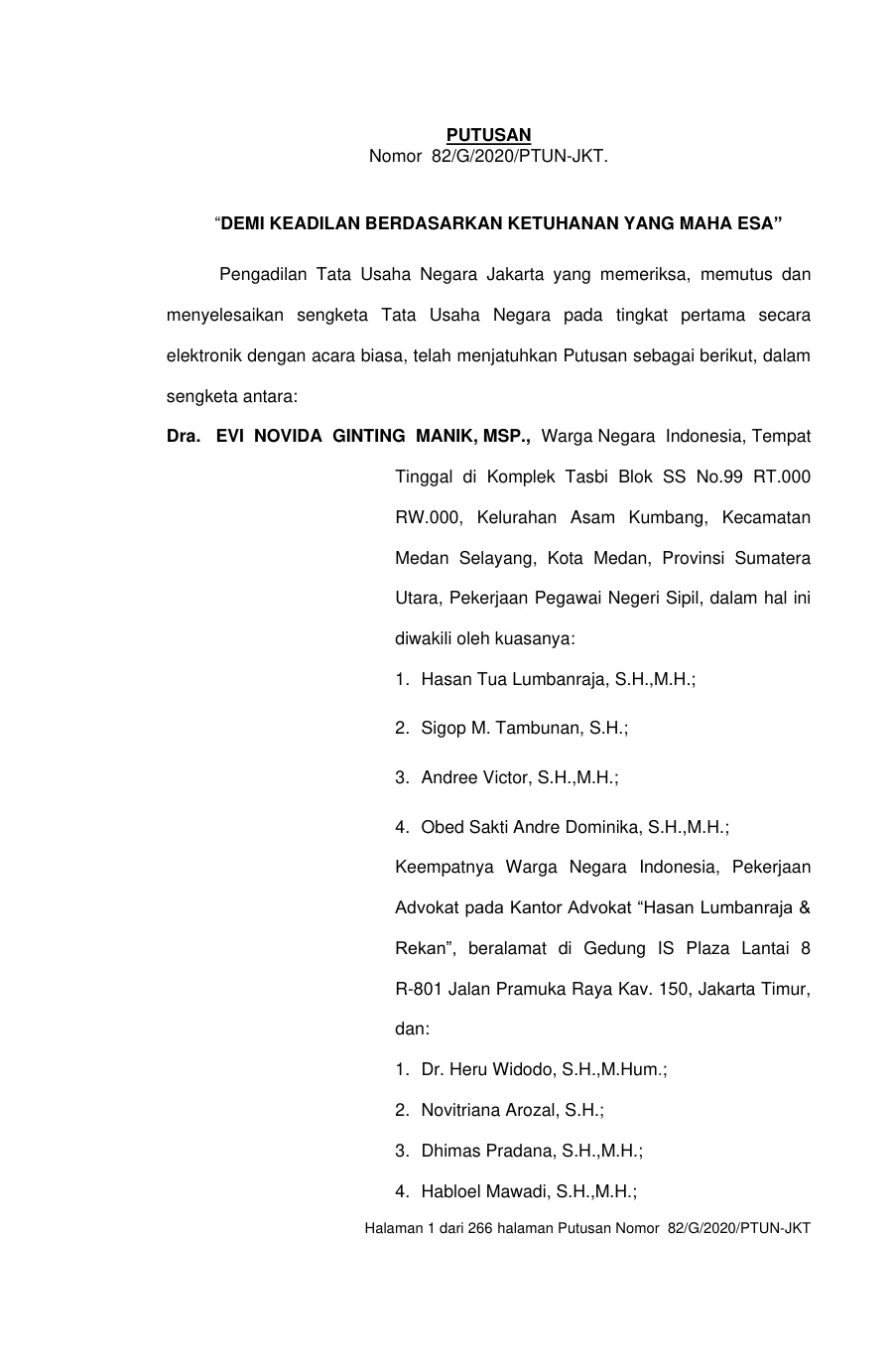 Sampul Putusan PTUN Jakarta No. 82/G/2020 yang Mengabulkan Gugatan Evi Novida Ginting terhadap Keputusan Presiden No.34/P Tahun 2020