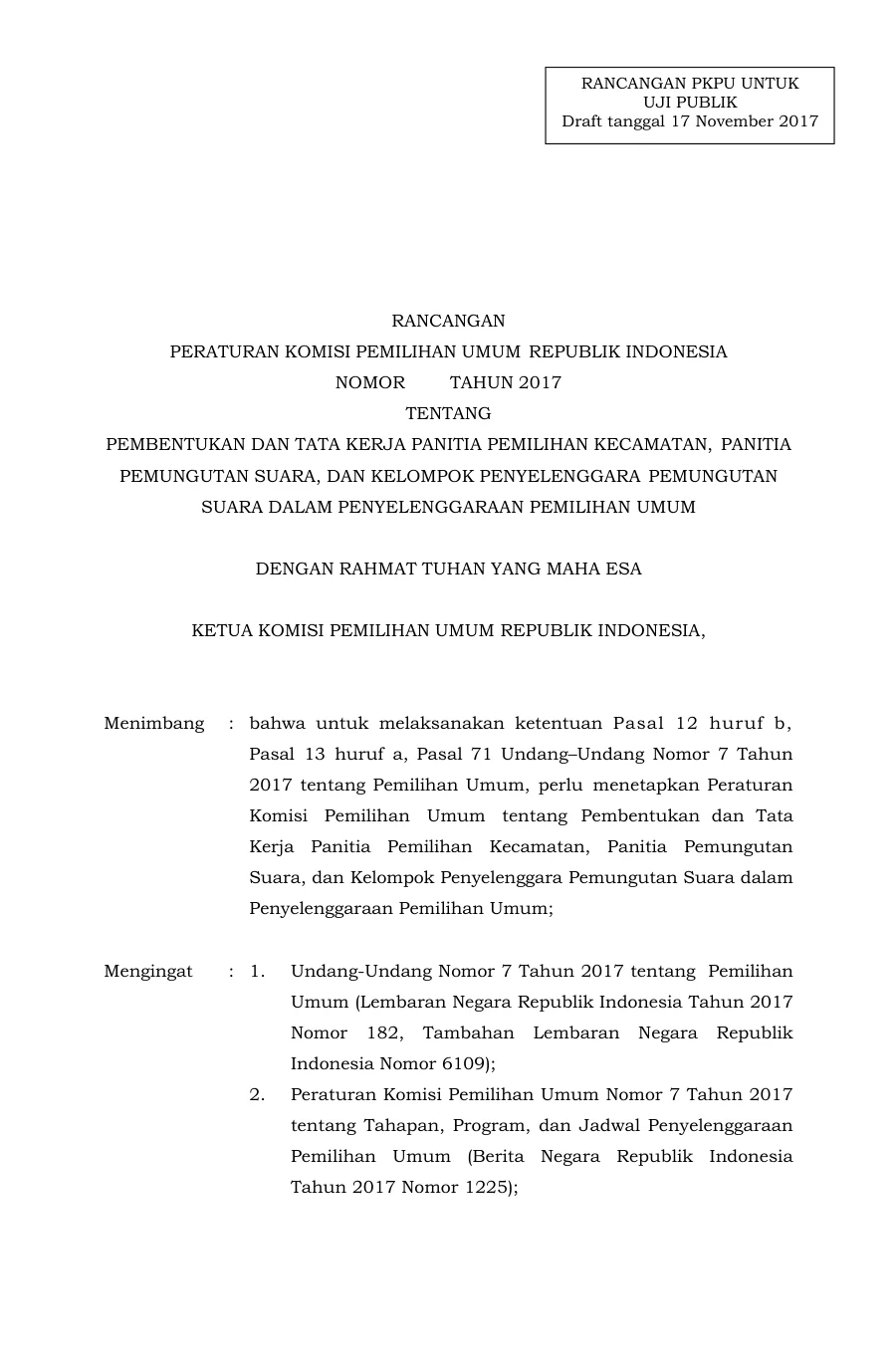 Sampul Rancangan PKPU tentang Badan AD HOC Dalam Negeri