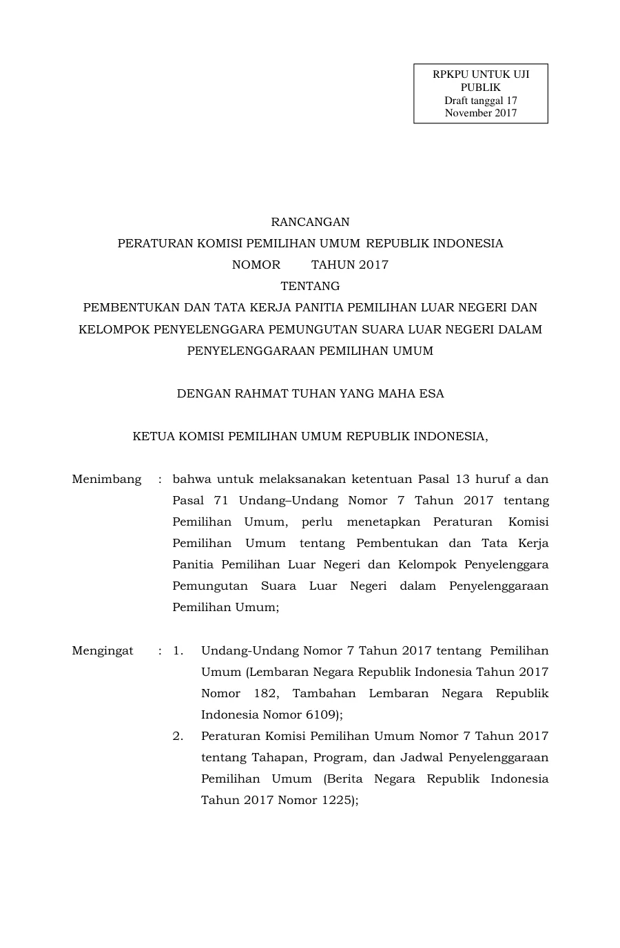 Sampul Rancangan PKPU tentang Badan AD HOC Luar Negeri