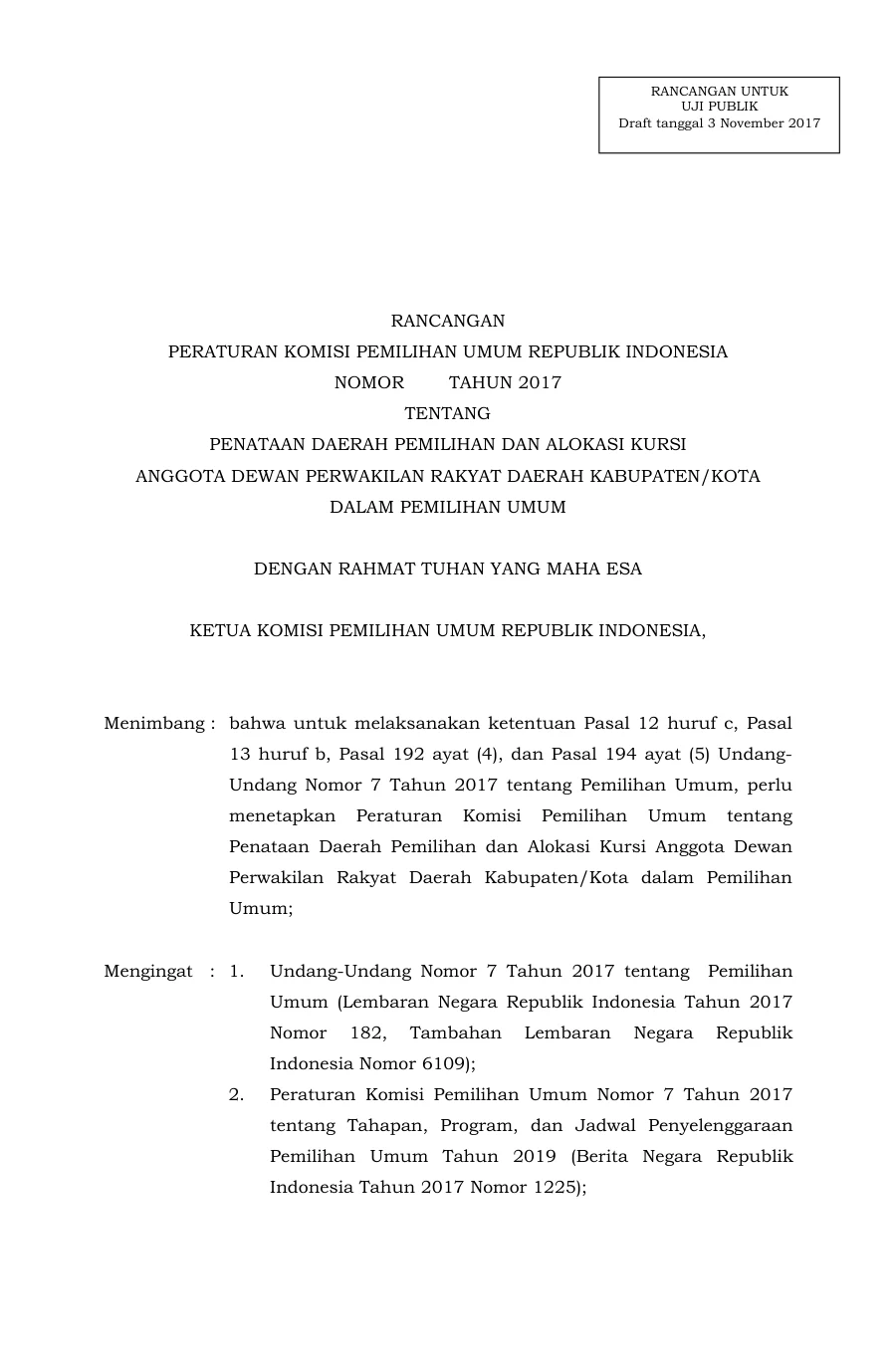 Sampul Rancangan PKPU tentang Daerah Pemilihan dan Alokasi Kursi Anggota DPRD Kabupaten/Kota