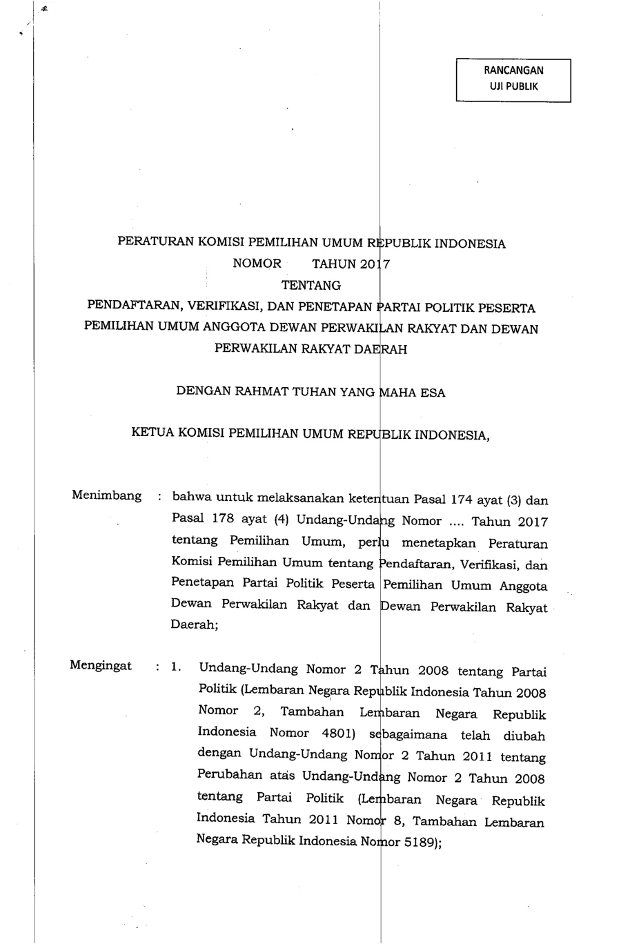 Sampul Rancangan PKPU tentang Pendaftaran, Verifikasi, dan Penetapan Partai Politik Peserta Pemilu Anggota DPR dan DPRD