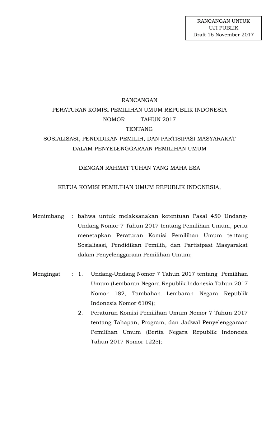 Sampul Rancangan PKPU tentang Sosialisasi, Pendidikan Pemilih dan Partisipasi Masyarakat