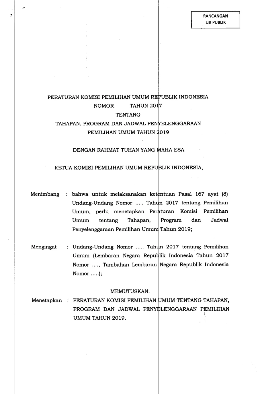 Sampul Rancangan PKPU tentang Tahapan, Program, dan Jadwal Penyelenggaraan Pemilu 2019