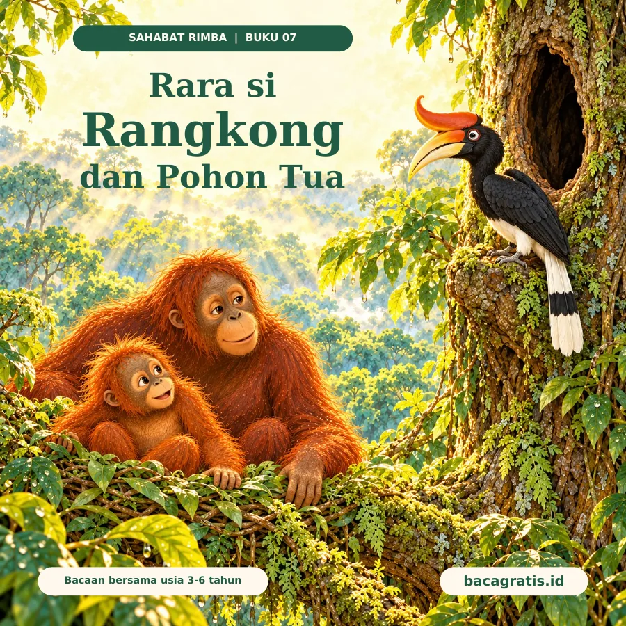 Sampul Rara si Rangkong dan Pohon Tua: Rara, rangkong badak betina, bertengger pada pohon besar; Oru dan Ibu mengamatinya dari dahan di hutan.
