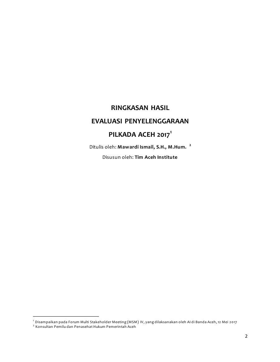 Sampul Ringkasan Hasil Evaluasi Penyelenggaraan Pilkada Aceh 2017