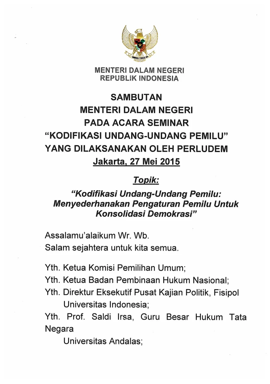 Sampul Sambutan Mendagri dan Materi Narasumber pada Seminar Kodifikasi UU Pemilu