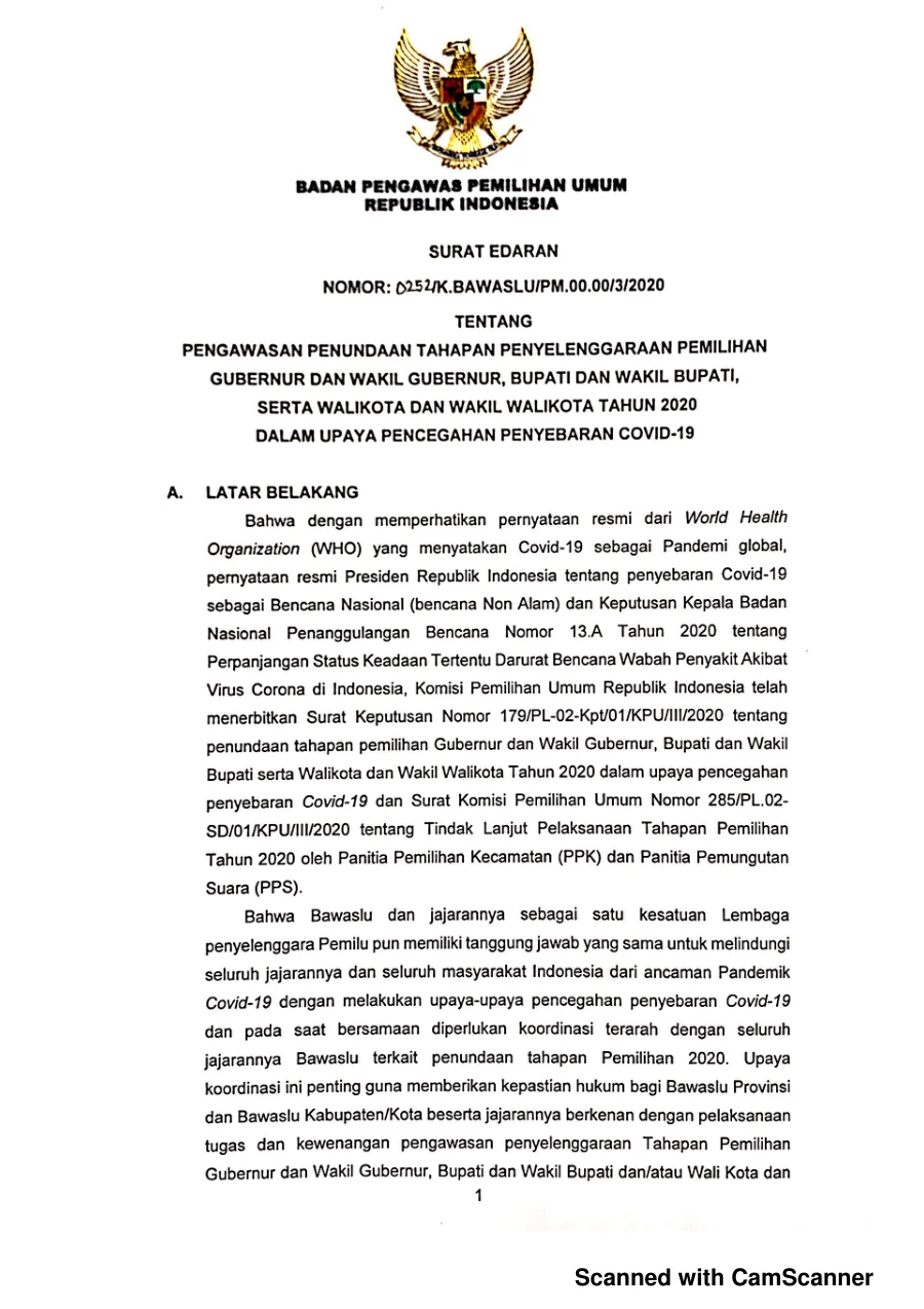 Sampul Surat Edaran Bawaslu 0252/K.BAWASLU/PM.00.00/3/2020 Tentang Pengawasan Penundaan Pilkada 2020