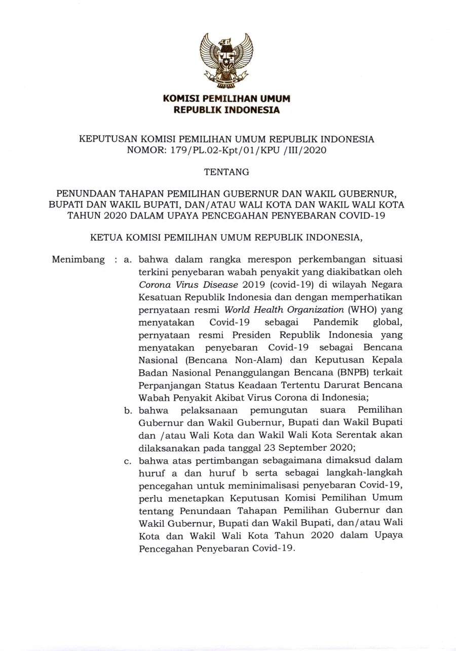 Sampul Surat Edaran dan Keputusan KPU tentang Penundaan Pemilihan Gubernur, Bupati, dan Walikota 2020