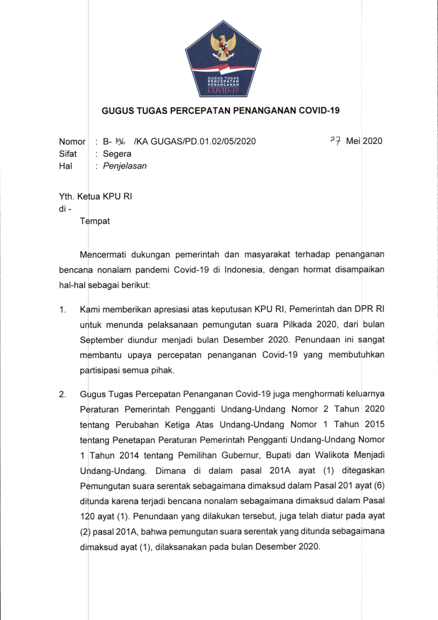 Sampul Surat Penjelasan dari Gugus Tugas Percepatan Penanganan COVID-19 terkait Pelaksanaan Pilkada 2020