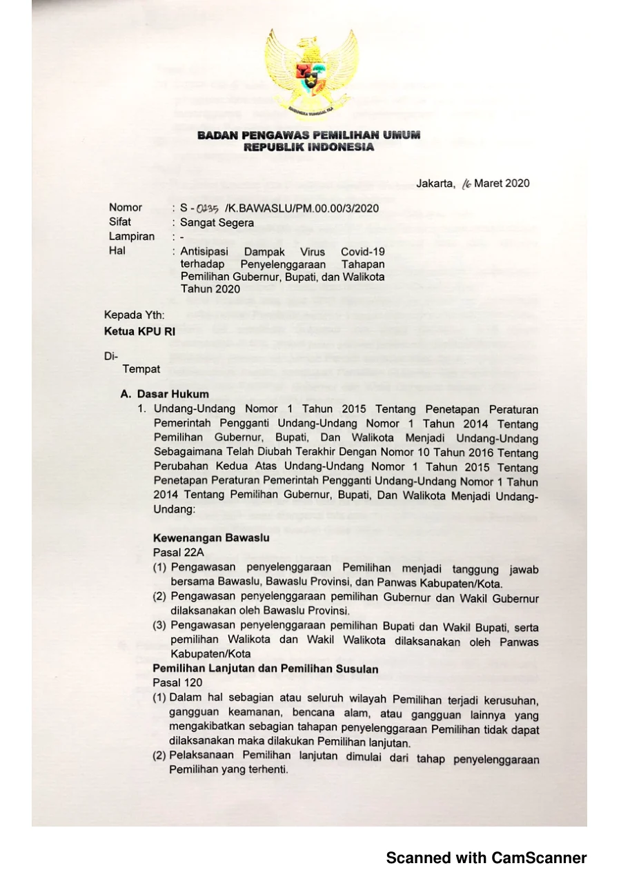 Sampul Surat Rekomendasi Bawaslu ke KPU Terkait antisipasi COVID 19 terhadap Penyelenggaraan Tahapan Pemilihan Gubernur, Bupati, dan Walikota Tahun2020 